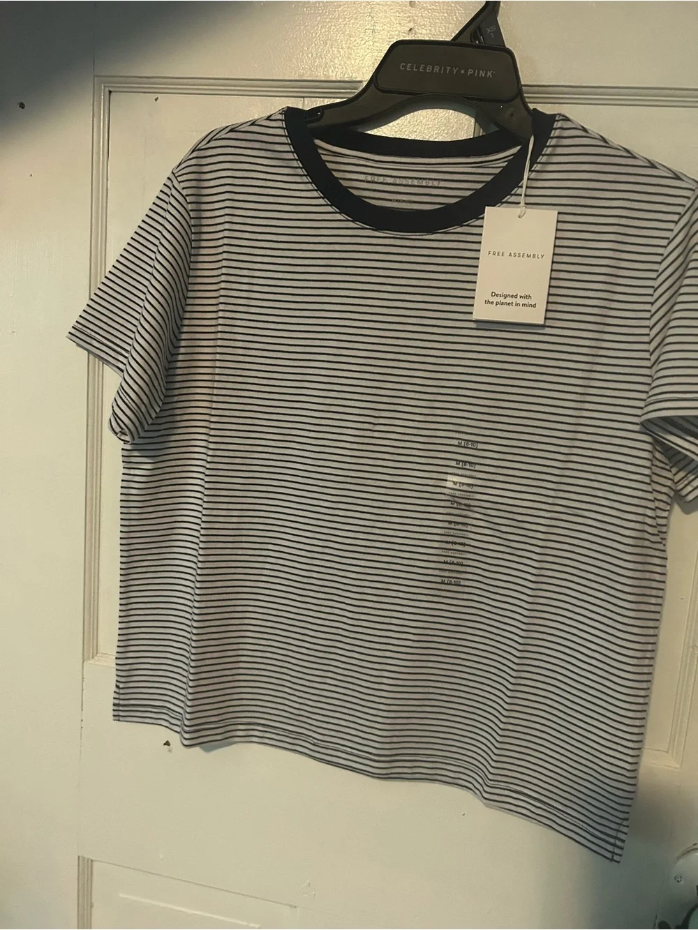 Free People Black and White Striped Ribbed Crew Tee
